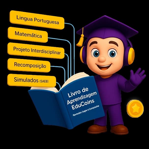 Mascote EduCoins com o Livro de Aprendizagem